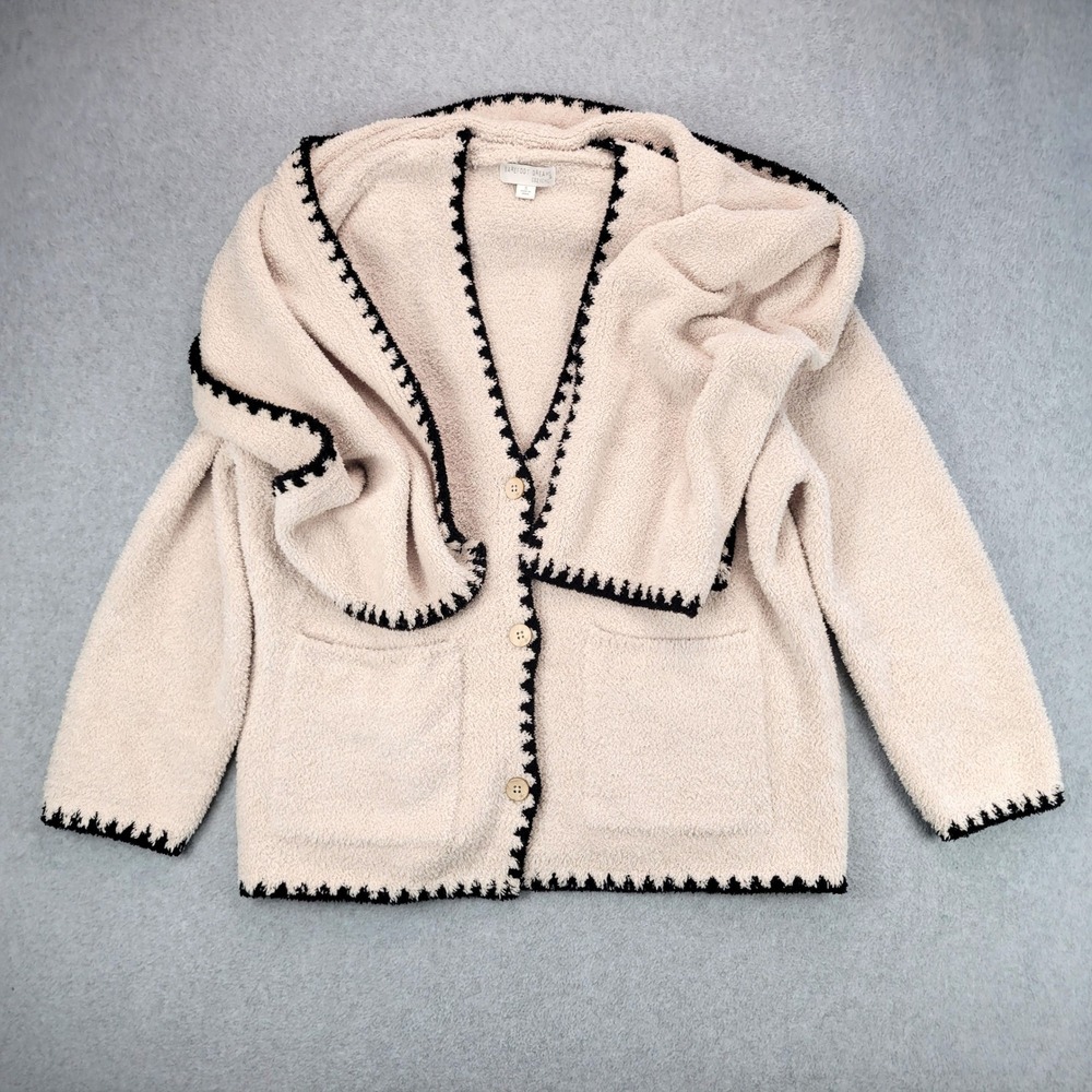 Barefoot Dreams CozyChic Cardigan Women S Cream Black Blanket Stitch Scarf Set